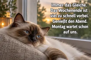 Nachdenkliche Birmakatze am Fenster, Text: Das Wochenende ist viel zu schnell vorbei. Montag wartet schon auf uns.