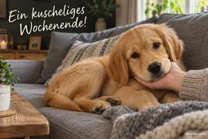 Golden-Retriever-Welpe auf dem Sofa, Text: Ein kuscheliges Wochenende!