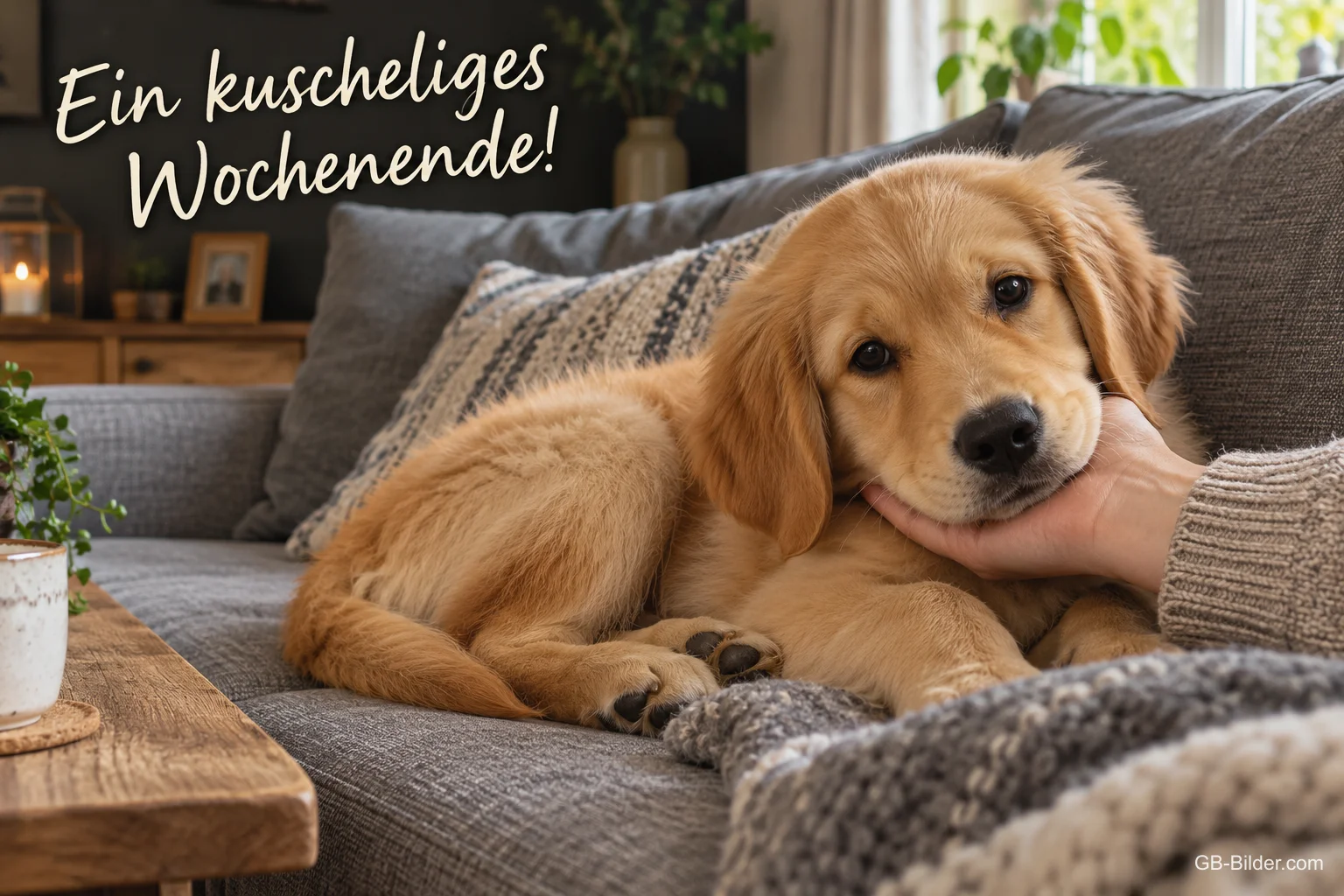 Golden-Retriever-Welpe auf dem Sofa, Text: Ein kuscheliges Wochenende!