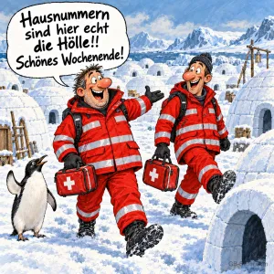 Zwei Rettungssanitäter mit Notfallkoffern laufen durch ein Igludorf, daneben ein Pinguin, Text: Hausnummern sind hier echt die Hölle!! Schönes Wochenende!