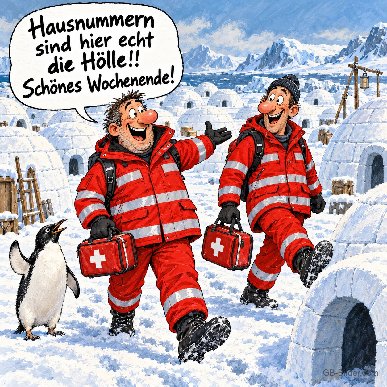 Zwei Rettungssanitäter mit Notfallkoffern laufen durch ein Igludorf, daneben ein Pinguin, Text: Hausnummern sind hier echt die Hölle!! Schönes Wochenende!