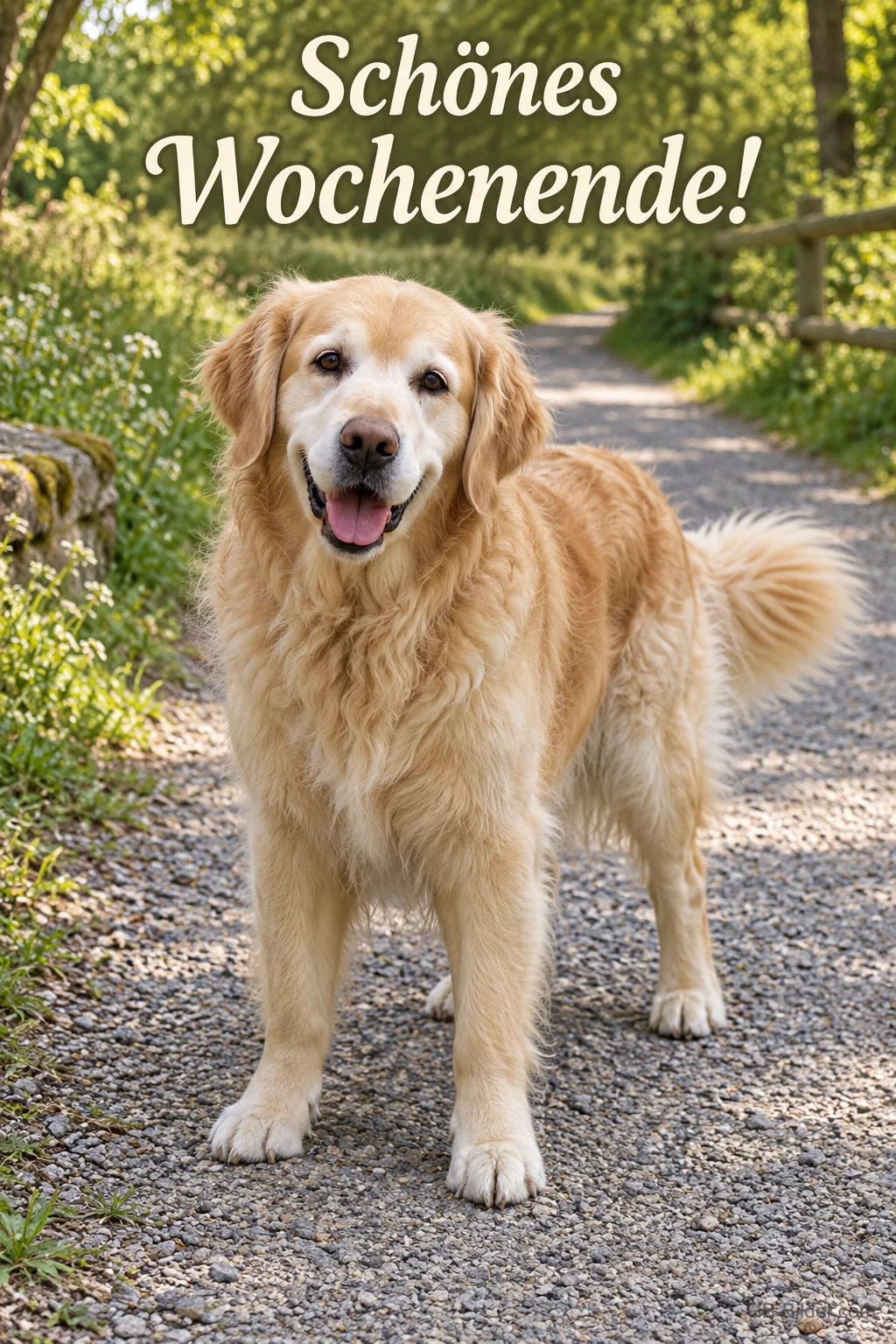 Fröhlicher Golden Retriever auf einem Feldweg, Text: Schönes Wochenende!