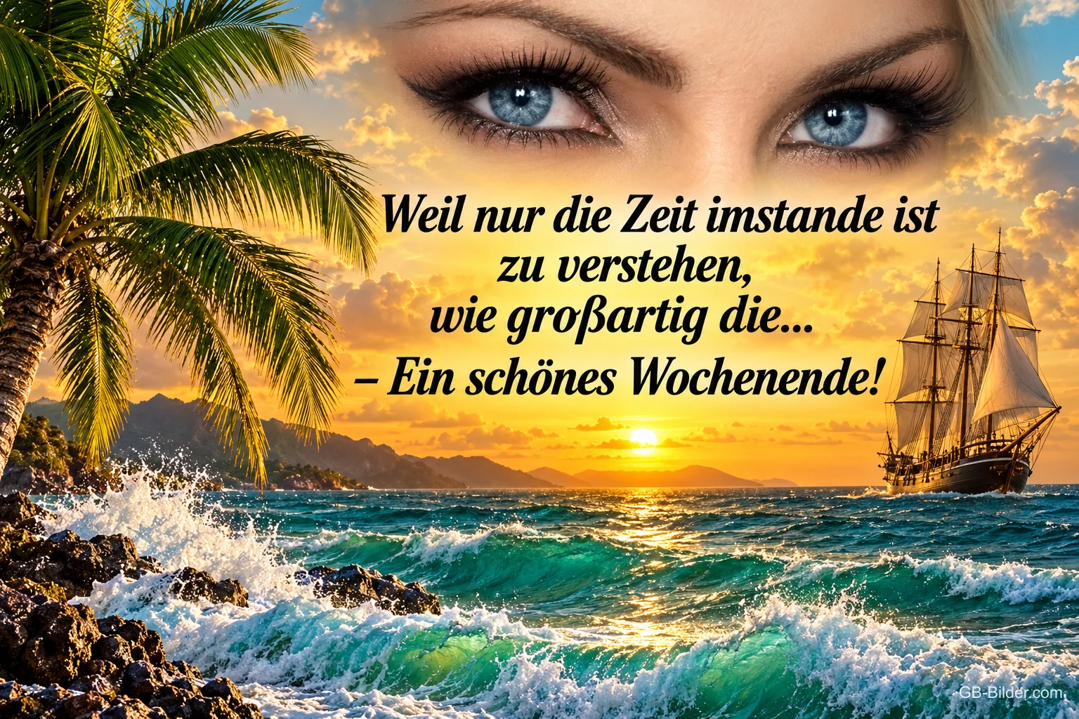 Blaue Frauenaugen über Palme, Brandung und Segelschiff im Sonnenuntergang, Text: Weil nur die Zeit imstande ist zu verstehen, wie großartig die... – Ein schönes Wochenende!