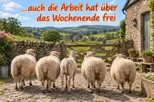 Schafe laufen durch ein Hoftor, Text: auch die Arbeit hat über das Wochenende frei
