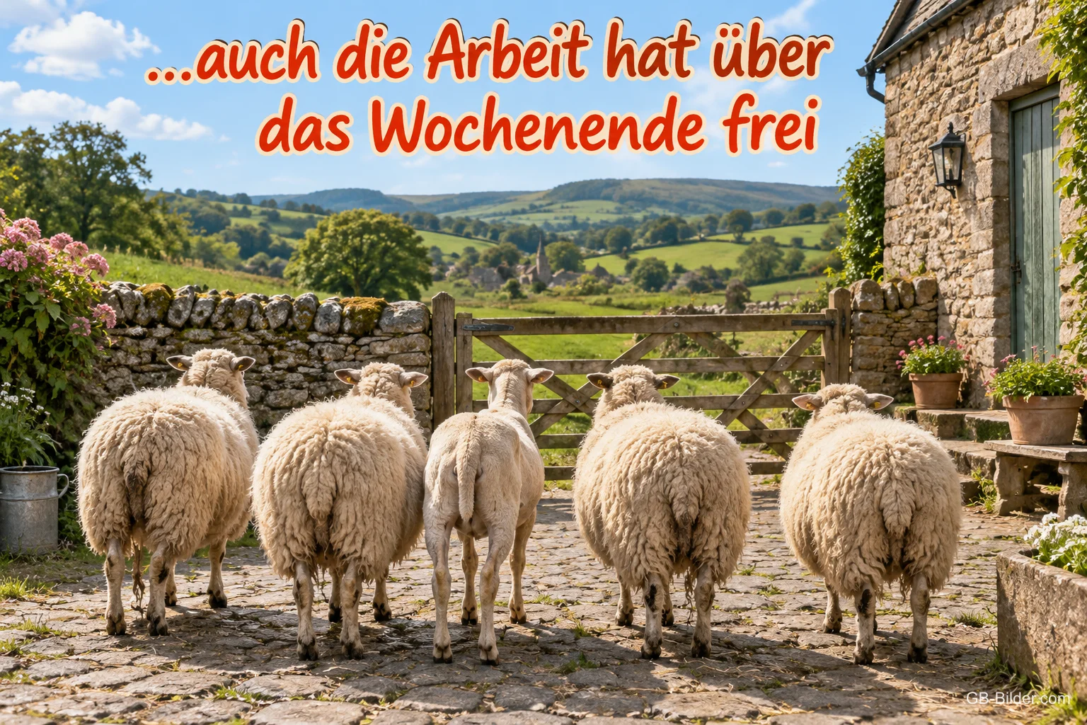 Schafe laufen durch ein Hoftor, Text: auch die Arbeit hat über das Wochenende frei
