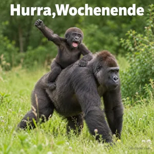 Jubelndes Gorillajunges auf dem Rücken der Mutter, Text: Hurra, Wochenende