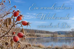 Bereifte Hagebutten über einem Fluss, Text: Ein wunderschönes Wochenende wünsche ich Dir