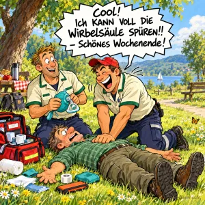 Zwei lachende Sanitäter machen Herzdruckmassage bei einem Mann auf der Wiese, Text: Cool! Ich kann voll die Wirbelsäule spüren!! – Schönes Wochenende!