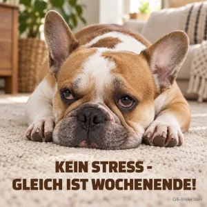 Entspannte Französische Bulldogge, Text: Kein Stress – gleich ist Wochenende!