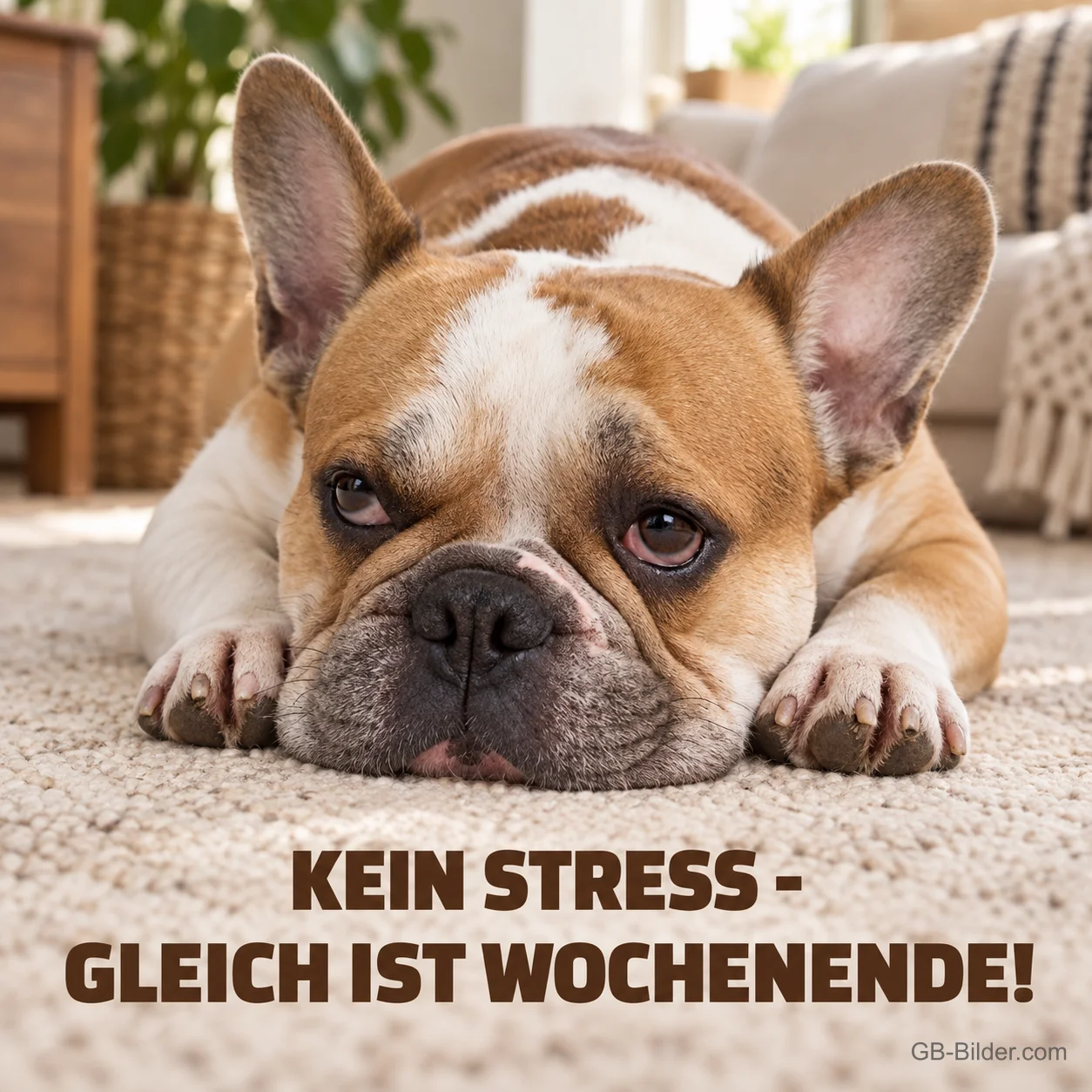 Entspannte Französische Bulldogge, Text: Kein Stress – gleich ist Wochenende!