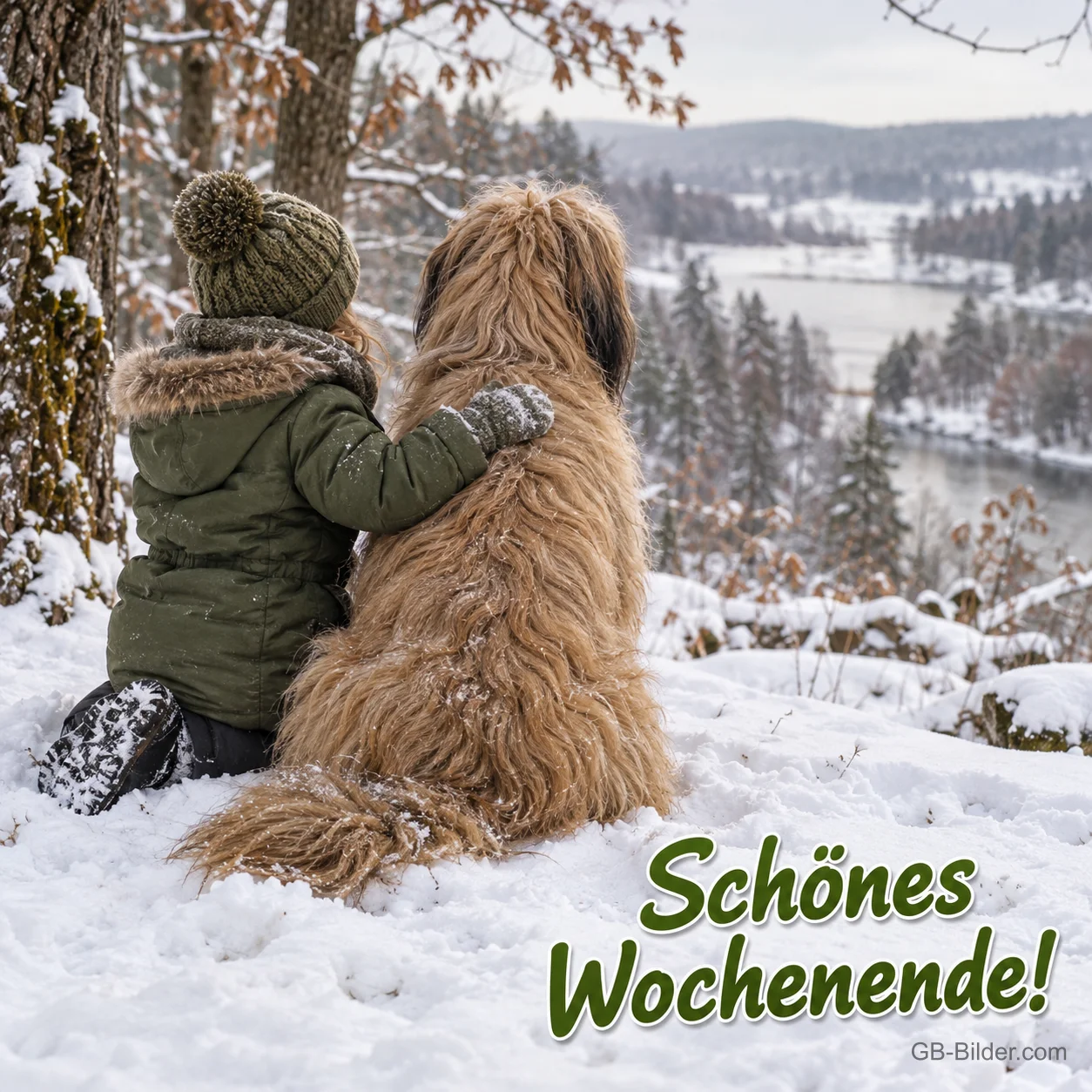 Kind umarmt einen großen Hund im Schnee, Text: Schönes Wochenende!