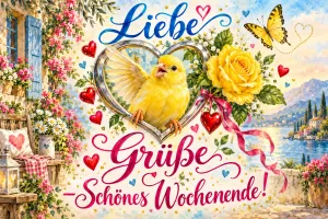 Gelbes Küken in einem silbernen Herz mit gelben Rosen, Schmetterling und Herzen, Text: Liebe Grüße – Schönes Wochenende!