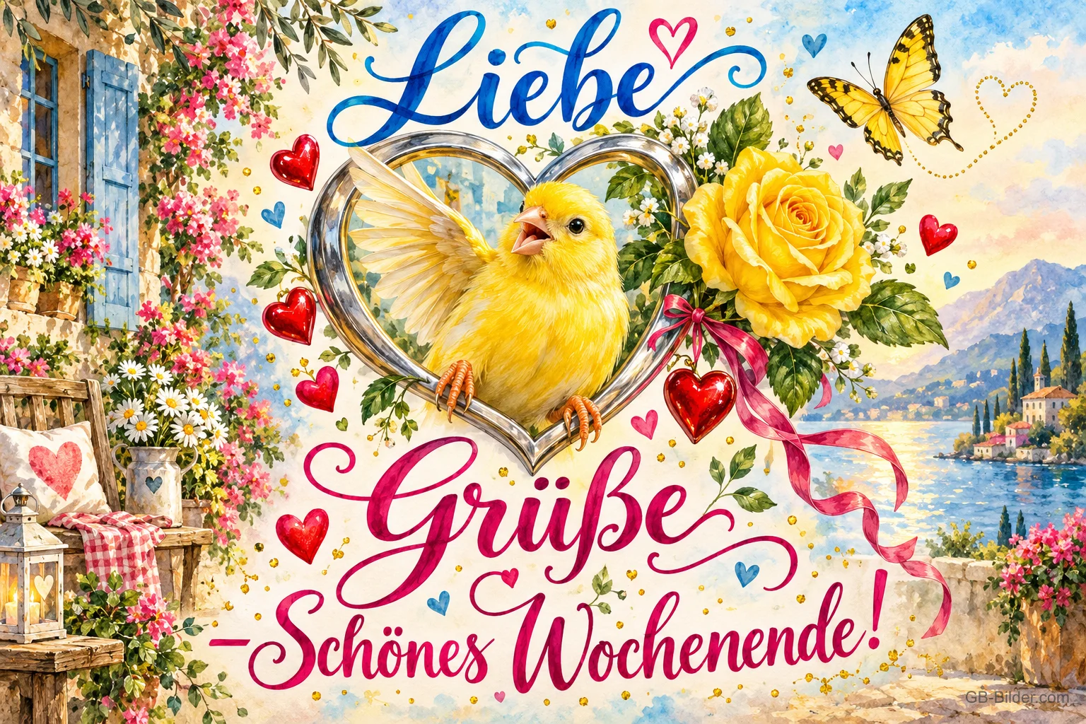 Gelbes Küken in einem silbernen Herz mit gelben Rosen, Schmetterling und Herzen, Text: Liebe Grüße – Schönes Wochenende!