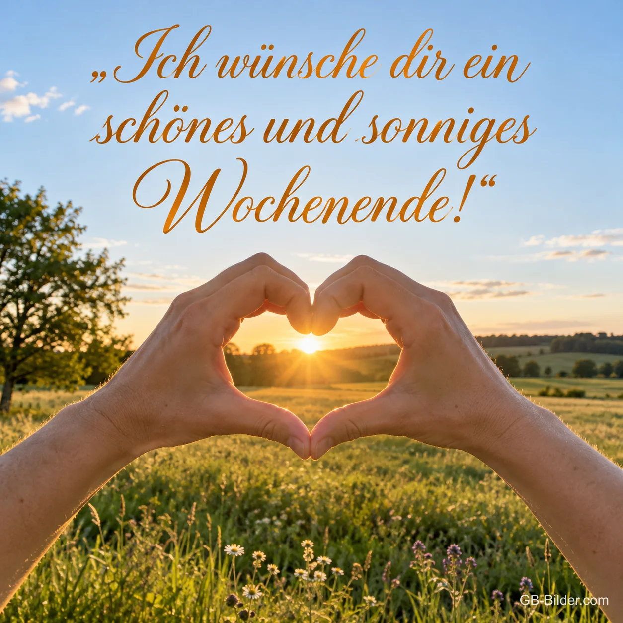 Hände formen ein Herz um die Sonne, Text: Ich wünsche dir ein schönes und sonniges Wochenende!