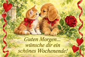 Kätzchen und Welpe mit Schleifen zwischen Rosen, Text: Guten Morgen, wünsche dir ein schönes Wochenende!