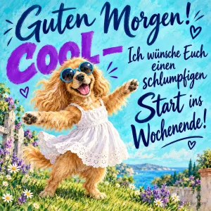 Hund mit Sonnenbrille und weißem Kleid tanzt auf einer Blumenwiese, Text: Guten Morgen! Cool – Ich wünsche Euch einen schlumpfigen Start ins Wochenende!