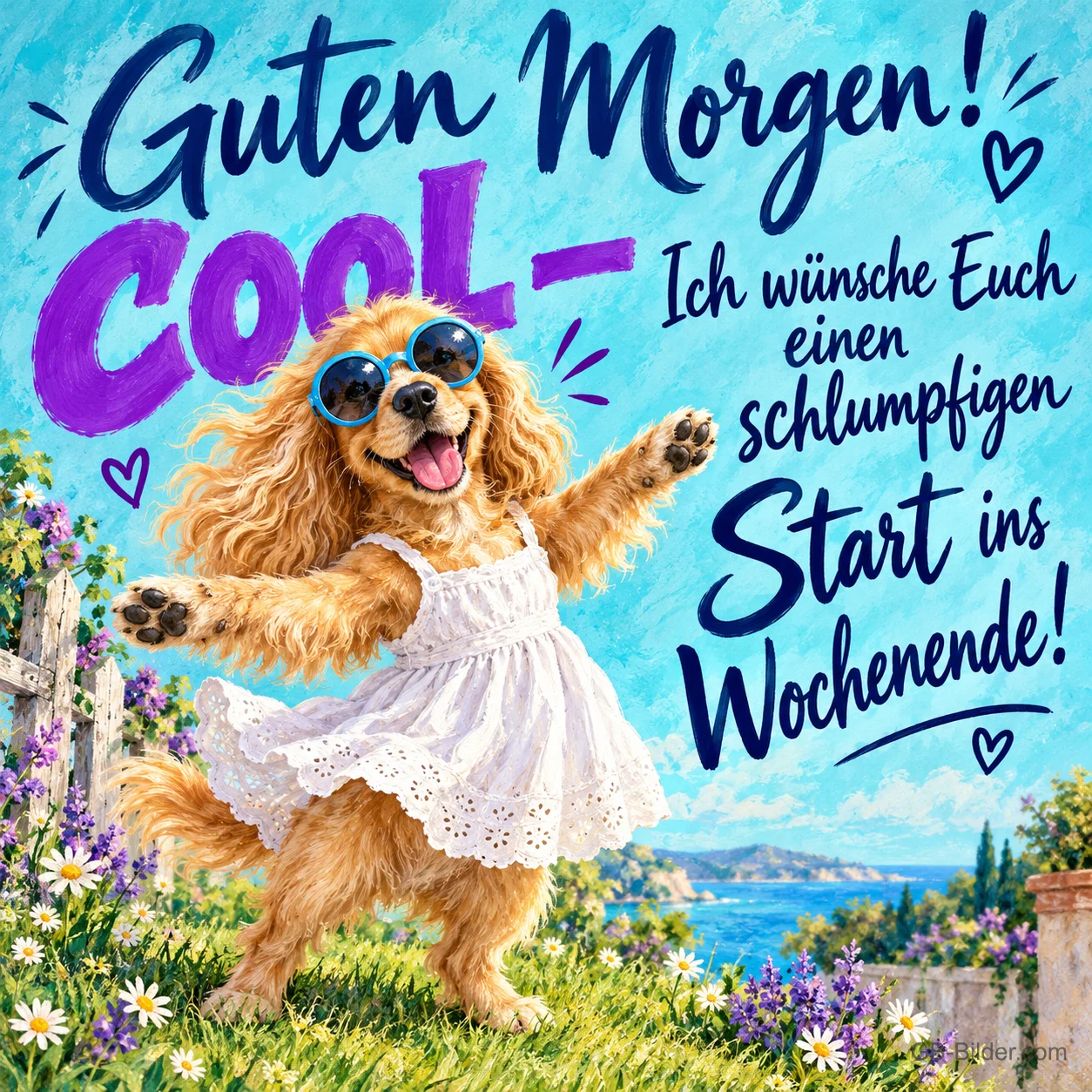 Hund mit Sonnenbrille und weißem Kleid tanzt auf einer Blumenwiese, Text: Guten Morgen! Cool – Ich wünsche Euch einen schlumpfigen Start ins Wochenende!
