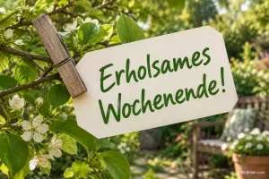 Papieranhänger an einem blühenden Zweig, Text: Erholsames Wochenende!