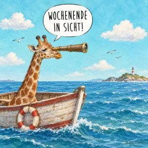 Giraffe mit Fernrohr im Boot, Text: Wochenende in Sicht!