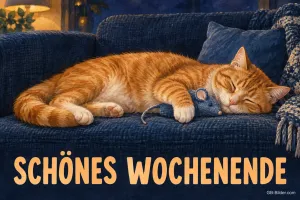 Schlafender roter Kater mit Stoffmaus auf dem Sofa, Text: Schönes Wochenende
