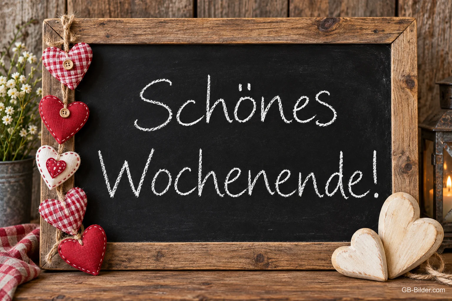 Kreidetafel mit Stoffherzen, Text: Schönes Wochenende!