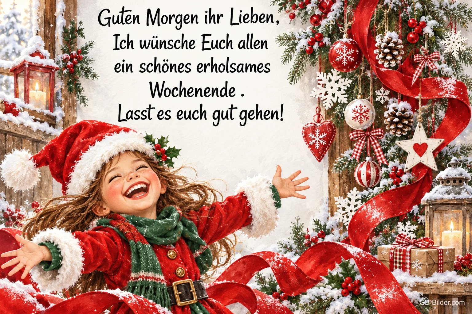 Lachendes Mädchen mit Weihnachtsmütze breitet die Arme zwischen Schleifen und Kugeln aus, Text: Guten Morgen ihr Lieben, Ich wünsche Euch allen ein schönes erholsames Wochenende. Lasst es euch gut gehen!