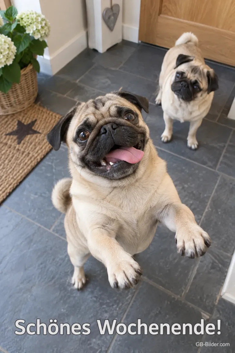 Freudig springender Mops im Flur, Text: Schönes Wochenende!