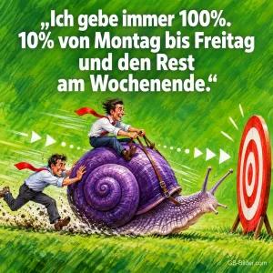 Ein Mann reitet auf einer Schnecke, ein zweiter schiebt sie zur Zielscheibe, Text: „Ich gebe immer 100%. 10% von Montag bis Freitag und den Rest am Wochenende.“