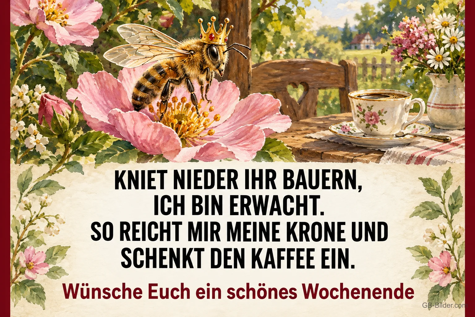 Biene mit Krone auf einer Rosenblüte, lustiger Spruch: Kniet nieder ihr Bauern, ich bin erwacht. Schönes Wochenende