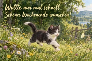 Kätzchen springt über eine Blumenwiese, Text: Wollte nur mal schnell schönes Wochenende wünschen!