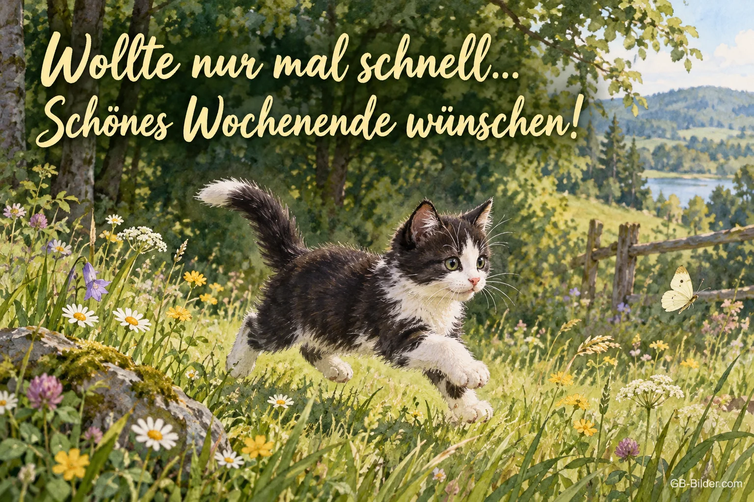 Kätzchen springt über eine Blumenwiese, Text: Wollte nur mal schnell schönes Wochenende wünschen!