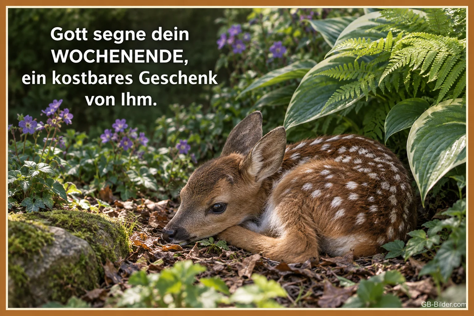 Rehkitz zwischen Farnen, Text: Gott segne dein Wochenende, ein kostbares Geschenk von Ihm.