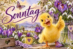 Gelbes Entenküken zeigt Daumen hoch zwischen lila Krokussen und Schneeglöckchen, Text: Sonntag