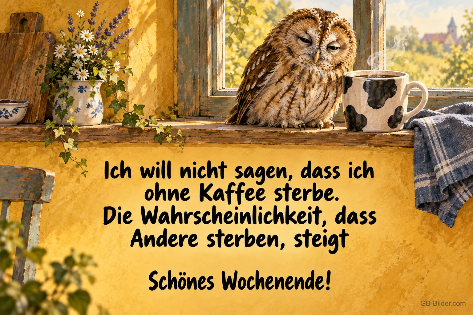 Waldkauz neben einer Kaffeetasse, lustiger Kaffeespruch, Schönes Wochenende!