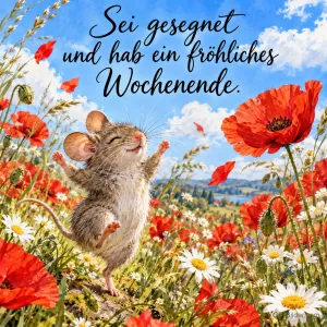 Maus tanzt mit erhobenen Armen in einer Wiese voller Mohnblumen, Text: Sei gesegnet und hab ein fröhliches Wochenende.