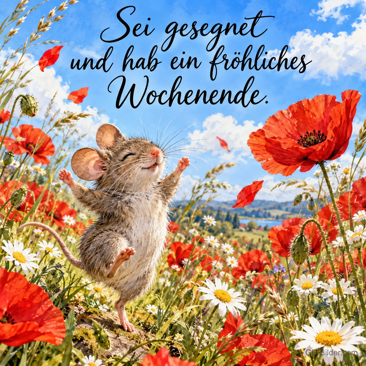 Maus tanzt mit erhobenen Armen in einer Wiese voller Mohnblumen, Text: Sei gesegnet und hab ein fröhliches Wochenende.