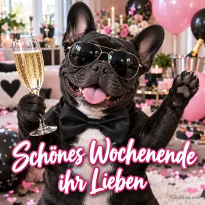 Französische Bulldogge mit Sonnenbrille und Fliege hebt ein Sektglas, Text: Schönes Wochenende ihr Lieben