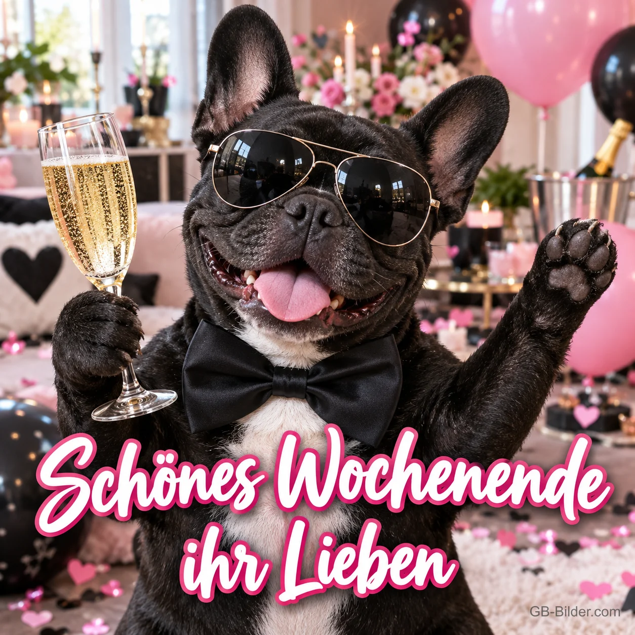 Französische Bulldogge mit Sonnenbrille und Fliege hebt ein Sektglas, Text: Schönes Wochenende ihr Lieben