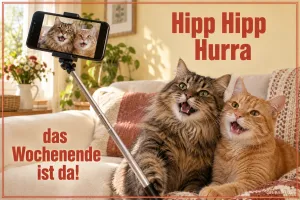Zwei Katzen mit Selfiestick, Text: Hipp Hipp Hurra das Wochenende ist da!