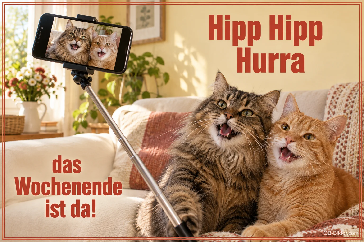 Zwei Katzen mit Selfiestick, Text: Hipp Hipp Hurra das Wochenende ist da!