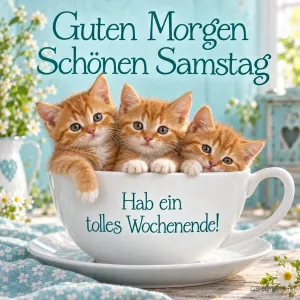 Drei Kätzchen in einer Teetasse, Text: Guten Morgen – Schönen Samstag – Hab ein tolles Wochenende!