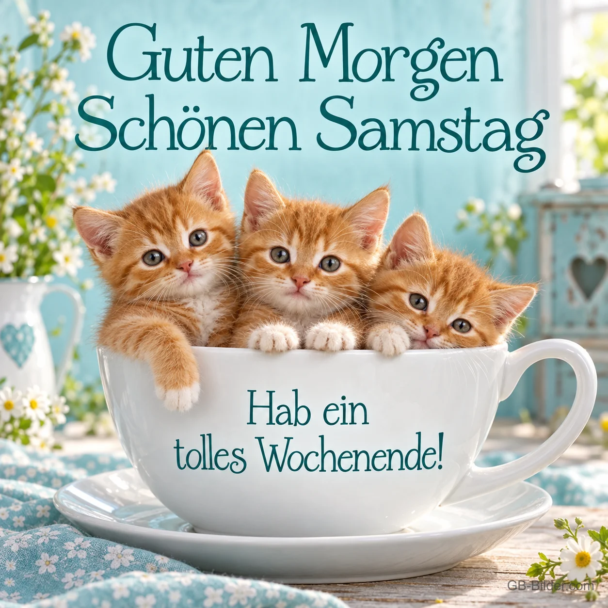 Drei Kätzchen in einer Teetasse, Text: Guten Morgen – Schönen Samstag – Hab ein tolles Wochenende!