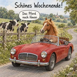 Pferd im roten Cabrio und zwei Kühe, lustiger Spruch: Das Pferd nach Hause. Schönes Wochenende!