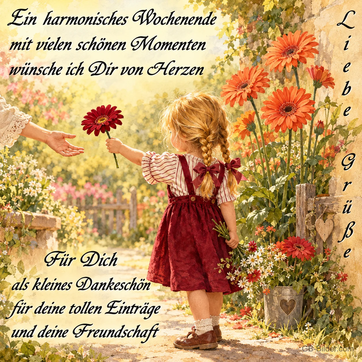 Mädchen überreicht eine Blume, Text: Ein harmonisches Wochenende. Liebe Grüße