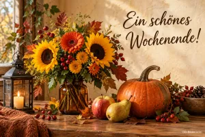 Sonnenblumen und Kürbisse auf einem Tisch, Text: Ein schönes Wochenende!