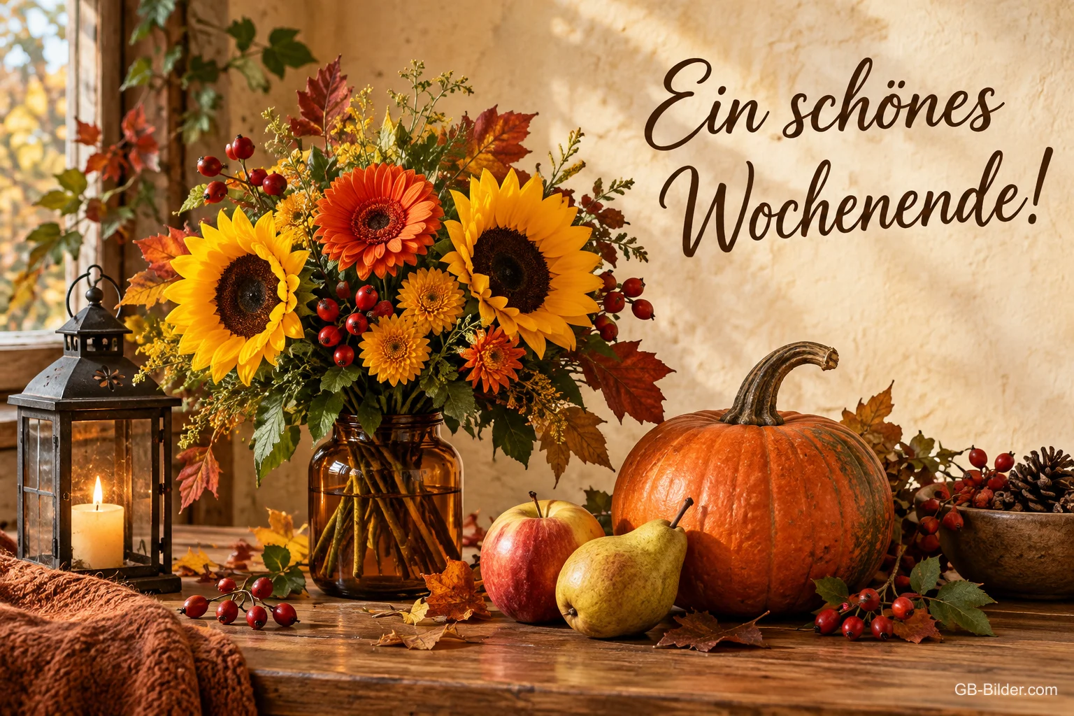 Sonnenblumen und Kürbisse auf einem Tisch, Text: Ein schönes Wochenende!