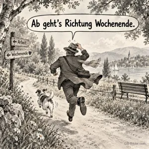 Mann rennt mit Hund Richtung Wochenende, Text: Ab geht's Richtung Wochenende.