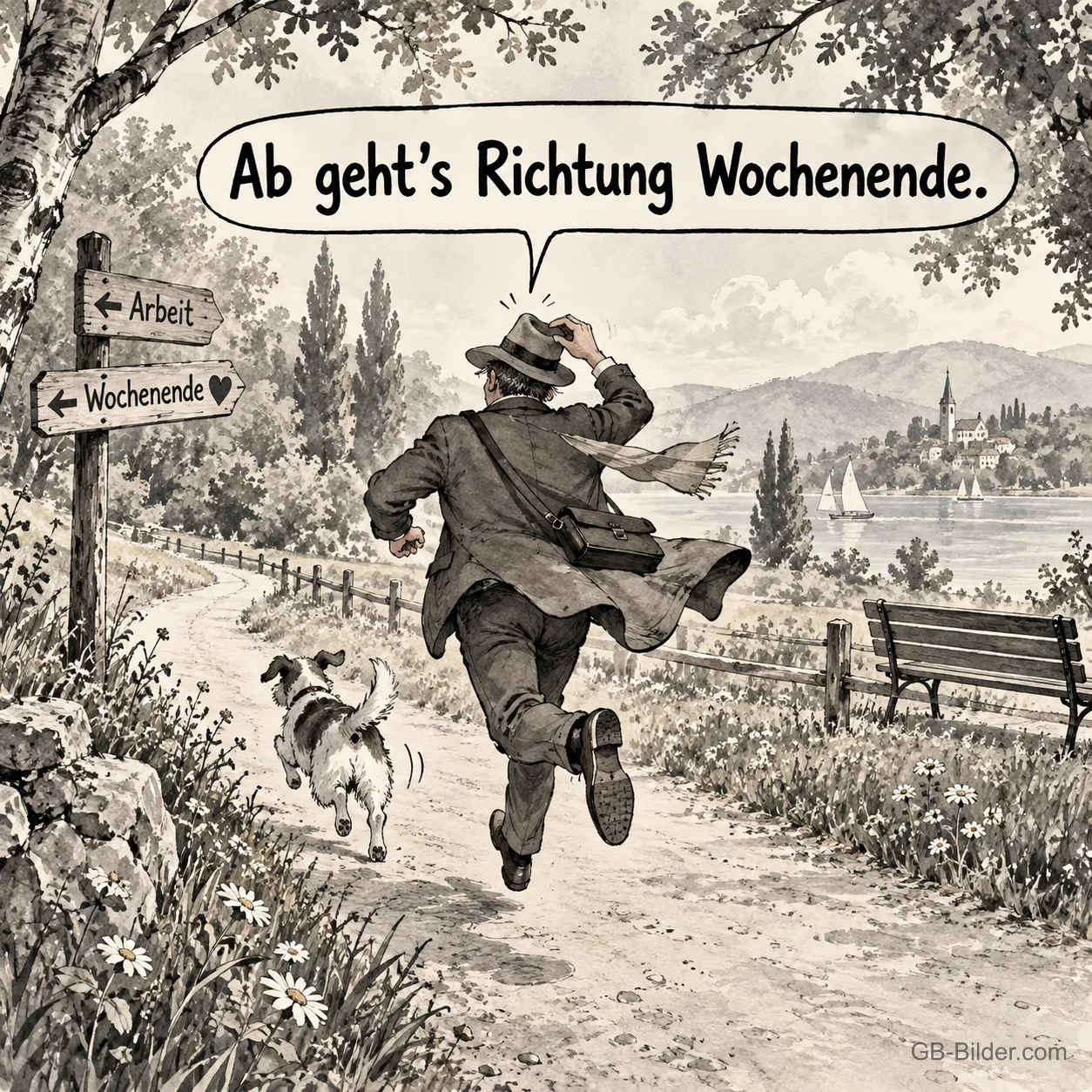 Mann rennt mit Hund Richtung Wochenende, Text: Ab geht's Richtung Wochenende.