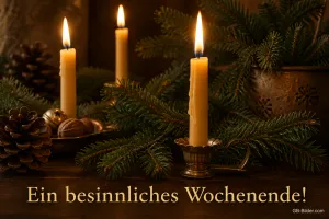Brennende Kerzen zwischen Tannenzweigen, Text: Ein besinnliches Wochenende!