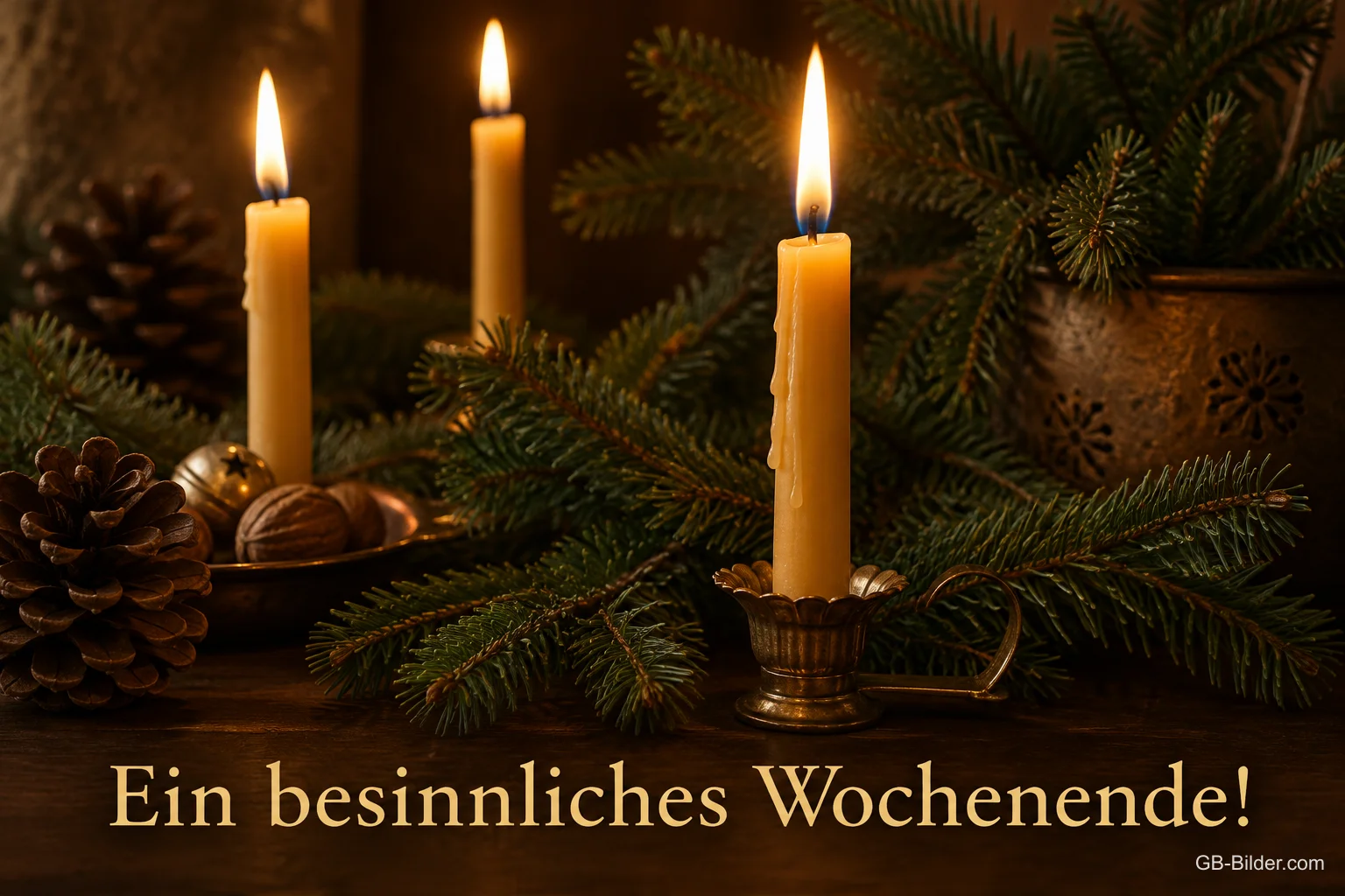 Brennende Kerzen zwischen Tannenzweigen, Text: Ein besinnliches Wochenende!